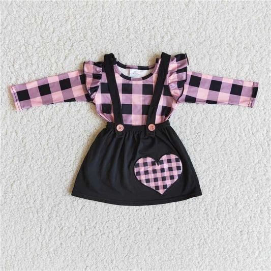 6 A28-30 Girls' purple plaid top with black heart embroidered suspender skirt