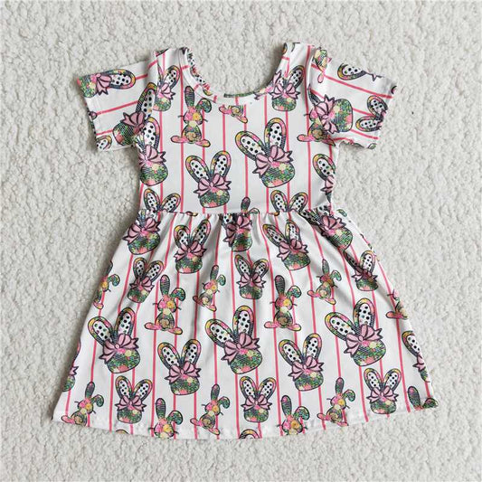 E5-18  Easter Bunny Print Red Vertical Stripe Dress