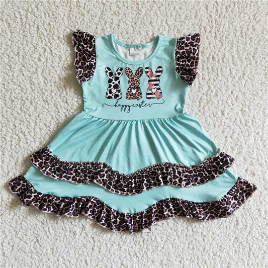 EC0006   Girls Easter Bunny Green Leopard Dress