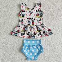 GBO0011 Cartoon character print top with white polka-dot shorts