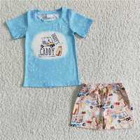 BSSO0024   Blue short-sleeved top with car-print shorts