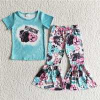 GSPO0016  Spring and Fall Clothing  Teal Heart Short Sleeves with Flared Pants