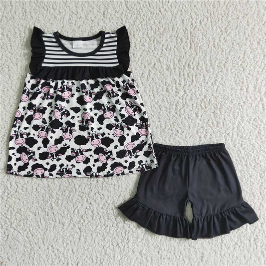 GSD0045  Cow Spot Print Panel Black and White Striped Sleeveless Top with Black Shorts Suit