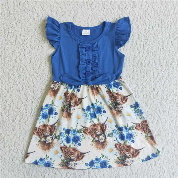 GSD0124Alpine cow flower dress with flying sleeves blue