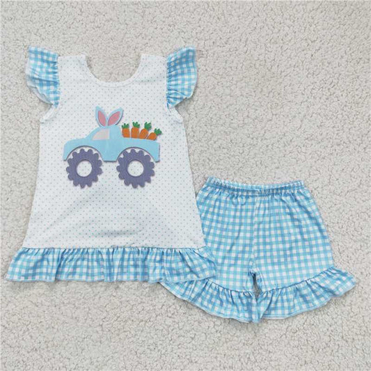 GSSO0127 Girl Rabbit Car Radish Blue Flying Sleeve Shorts Set