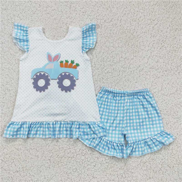 GSSO0127 Girl Rabbit Car Radish Blue Flying Sleeve Shorts Set