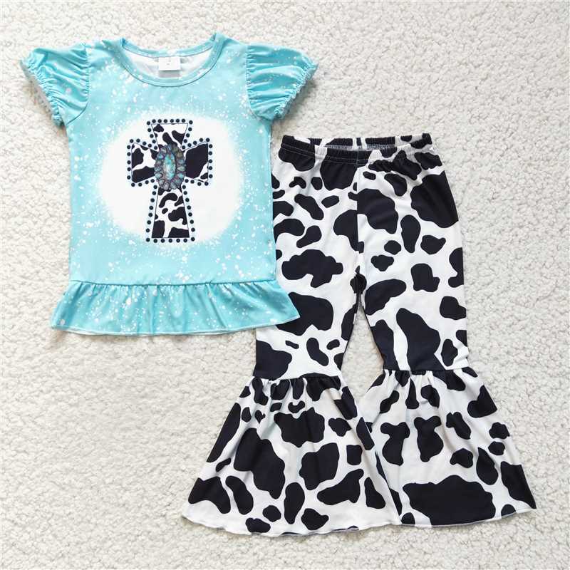 GSPO0246Girl cow print jewel cross short sleeve trousers