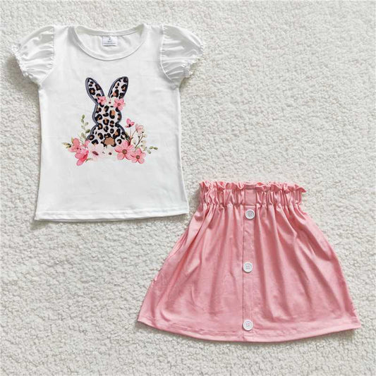 GSD0228 Girls leopard print Rabbit flower short sleeve skirt suit pink