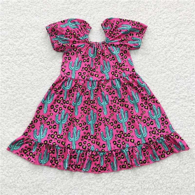 GSD0305Summer new girl cactus rose red leopard print short sleeve fashion cute wholesale boutique dress