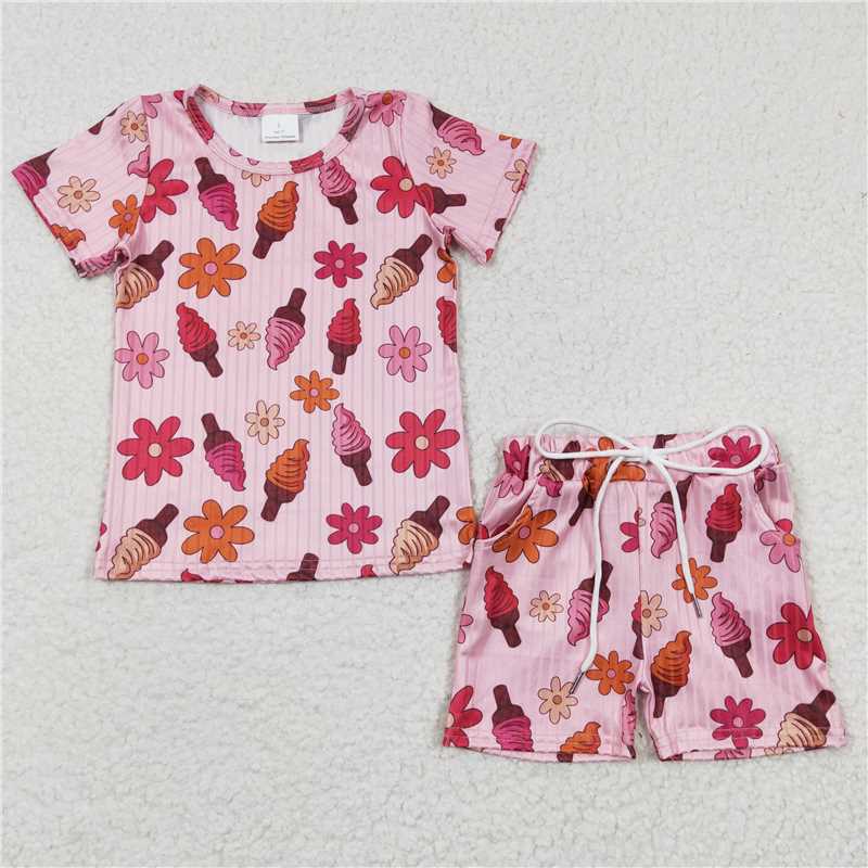 GSSO0230Summer girl ice cream flower pink short sleeve shorts boutique set wholesale price