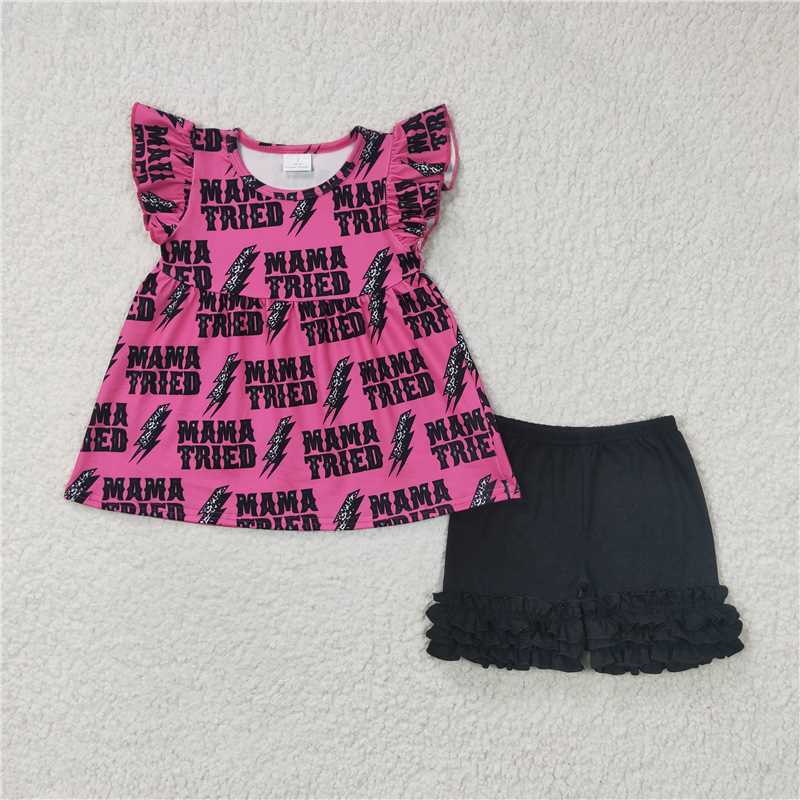 GSSO0199Summer new wholesale price girls rose flying sleeve shorts set boutique cute