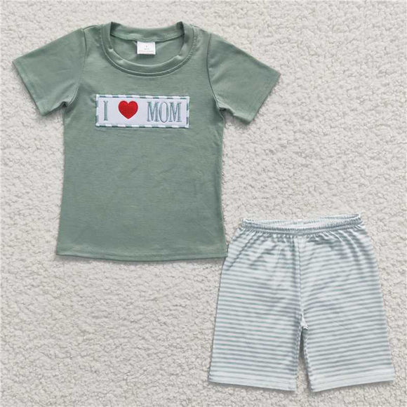 BSSO0173Summer new wholesale price Boys Embroidery Love MOM Blue short sleeve shorts set boutique cute