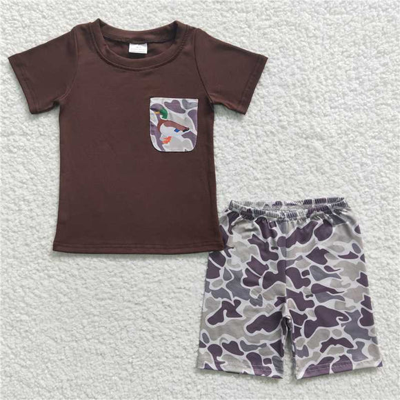 BSSO0204Summer new wholesale price Boy Duck camouflage brown short sleeve shorts set boutique cute