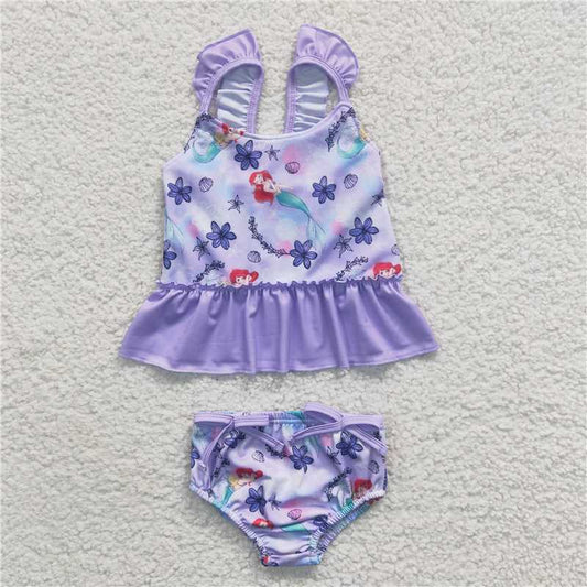 S0037Girl's cartoon Purple Flower Swimsuit set