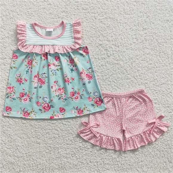 GSSO0215Summer new wholesale price girl flower green striped sleeveless pink shorts set boutique cute