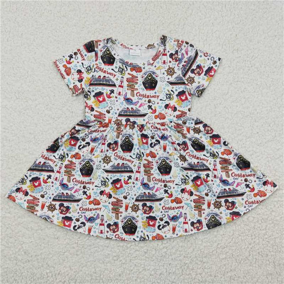 GSD0290Wholesale price girl cartoon ship short sleeve dress