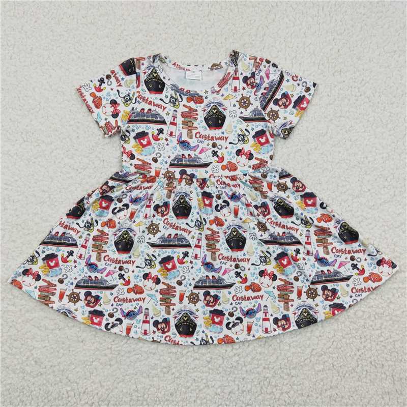 GSD0290Wholesale price girl cartoon ship short sleeve dress