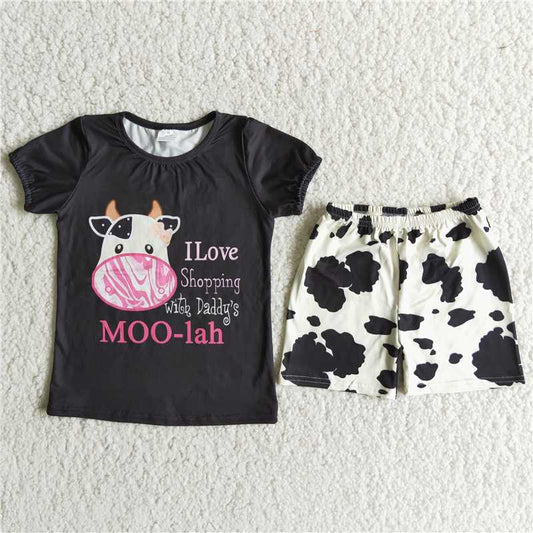 A6-12 Cow pattern black print short-sleeved top with white shorts