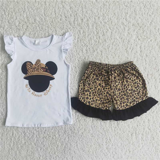 A13-10 Anime cartoon image print short-sleeved top with leopard print shorts