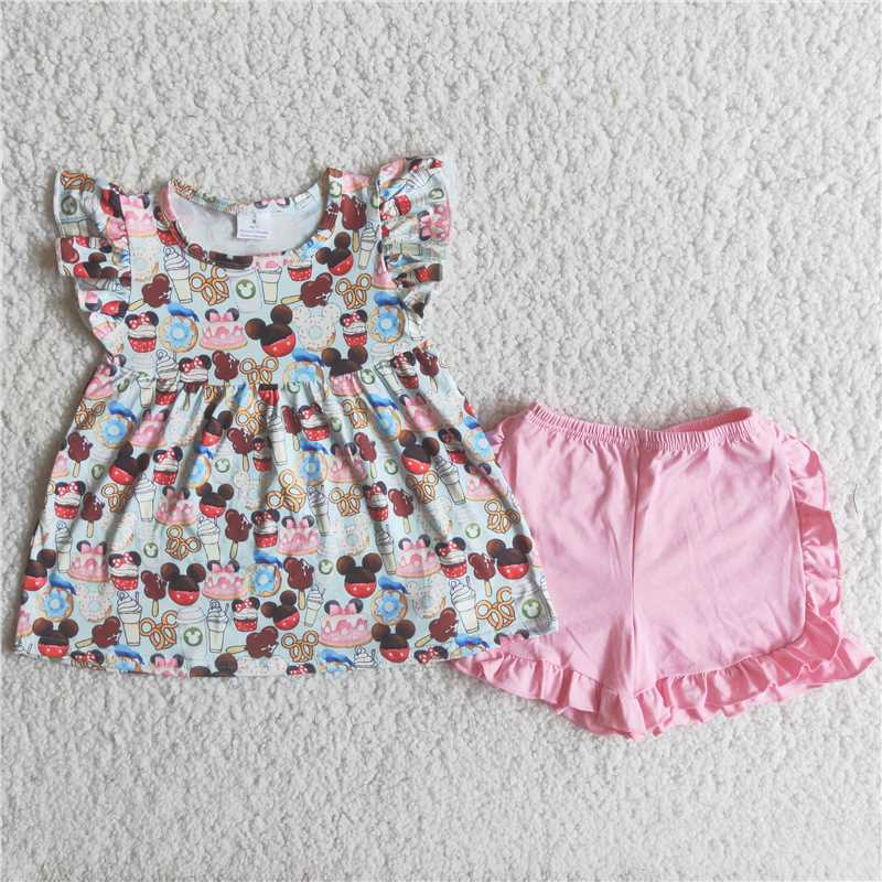 C8-12 Cartoon animal print short sleeves with pink shorts