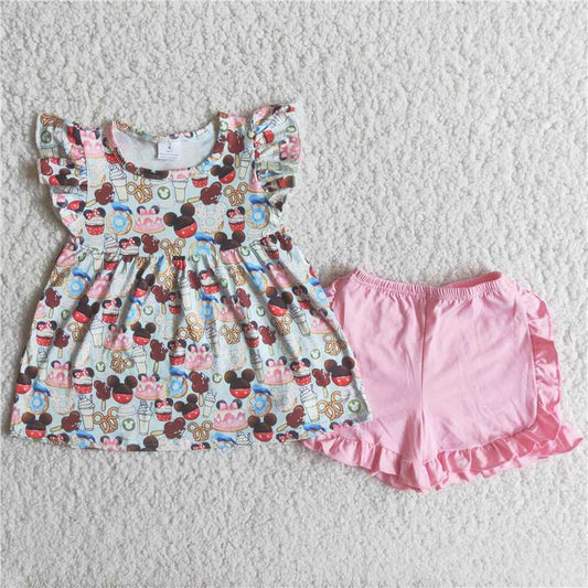 C8-12 Cartoon animal print short sleeves with pink shorts