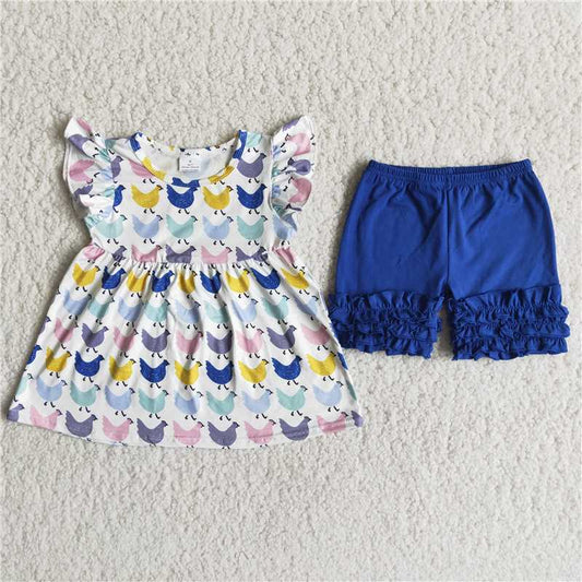 A10-11   Cartoon Chicken Print Short Sleeve with Blue Shorts