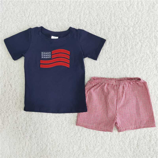 A12-23 National flag print navy short-sleeved top with pink plaid shorts