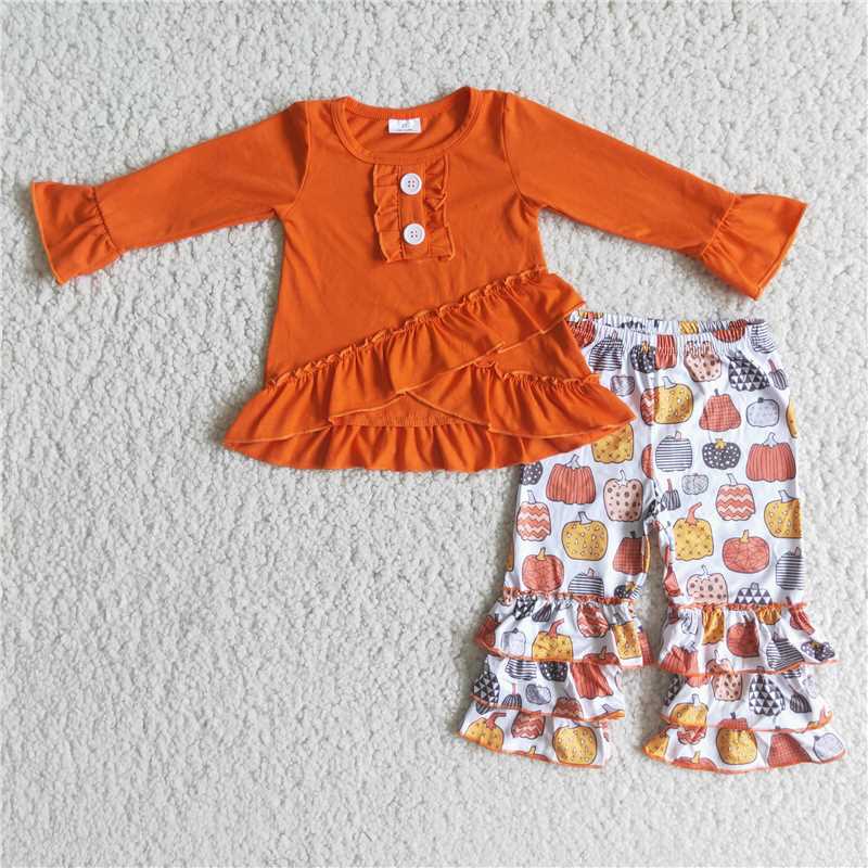 6 A21-12    Orange Long Sleeve Top with Pumpkin Pattern Pants for Girls