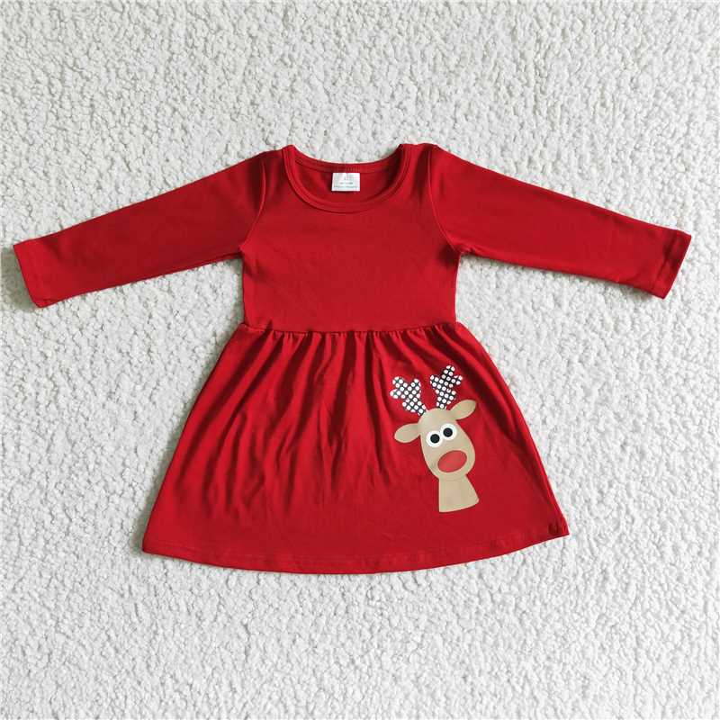 6 A30-26-1  Fawn Print Red Long Sleeve Dress