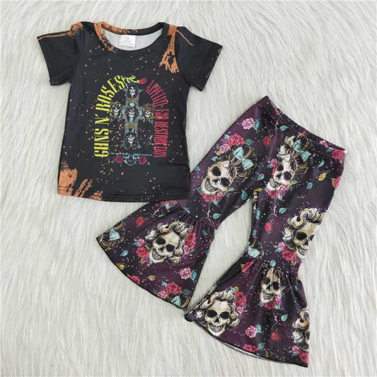 A0-3  Yellow letter print black short-sleeved top with skull print flared pants