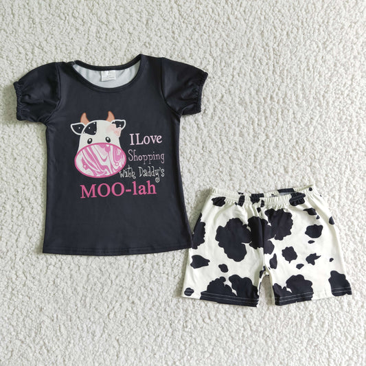 A6-12 Cow graphic print black short-sleeved top with cow-spotted shorts