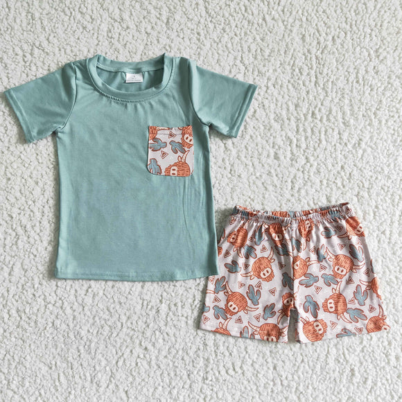 BSSO0043 Light Green Pocket Short Sleeve Top with Cactus Print Shorts