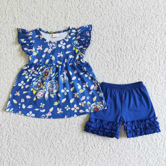 D5-16   girl	 Blue flower small flying sleeve top blue shorts