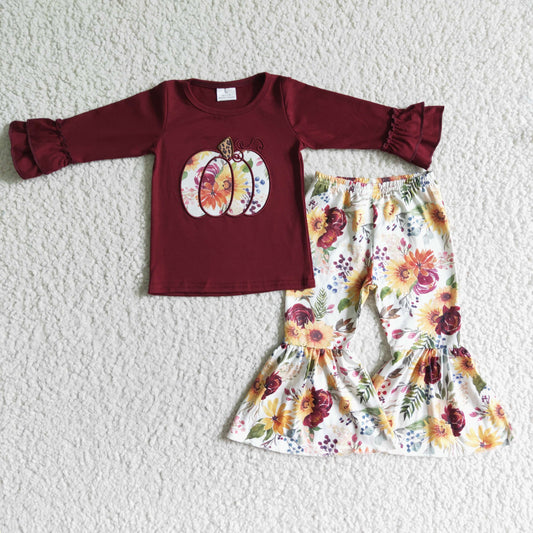 GLP0016   Girls Autumn Embroidered Pumpkin Flower Red Long Sleeve Pants Cover