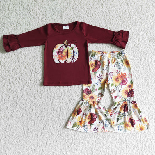 GLP0016 Girls Autumn Embroidered Pumpkin Flower Red Long Sleeve Pants Cover