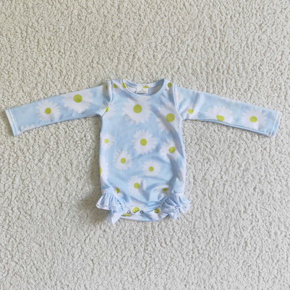 LR0002   Girls Light Blue Long Sleeve Daisy White Flower Bodysuit