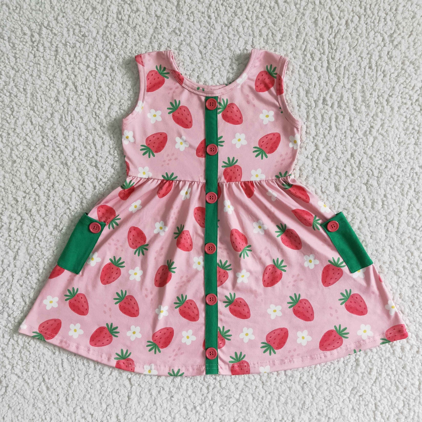 GSD0037    Pink Strawberry Print Pocket Dress Summer New