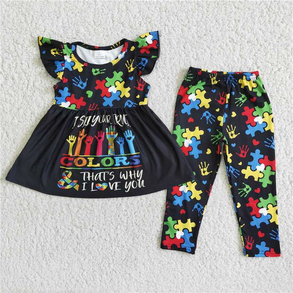 2022 new design infant girl's short sleeve colorful puzzle pattern bells outfit kids clothing child boutique baby kids clothes