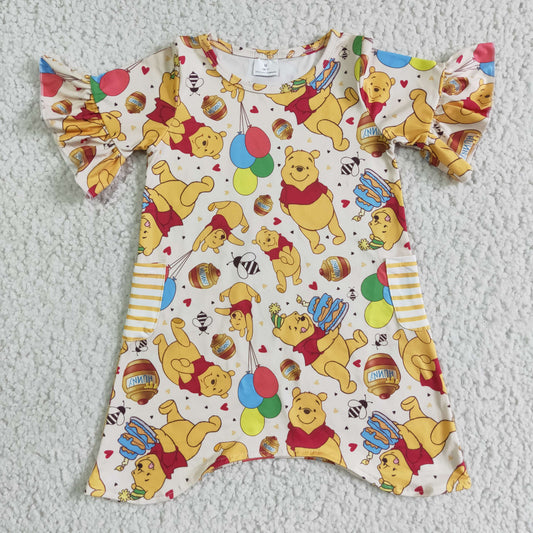 GSD0114   Girls Pooh Lace Short Sleeve Pocket Dress
