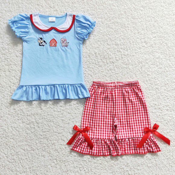 GSSO0200Girl's Embroidery Farm Cow Pig Blue short sleeve shorts suit