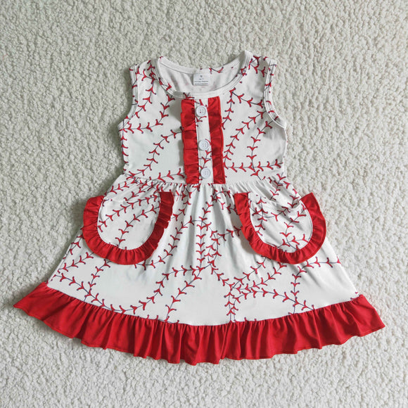 GSD0029  White Sleeveless Textured Baseball Print Red Lace Dress