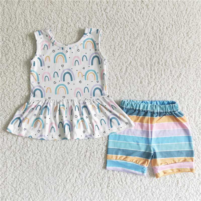 GSSO0011 Rainbow Pattern White Sleeveless Top with shorts