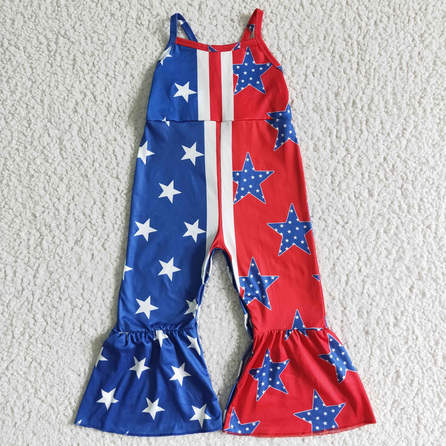 SR0058   Girls' blue and red stitching National Day star suspender jumpsuit