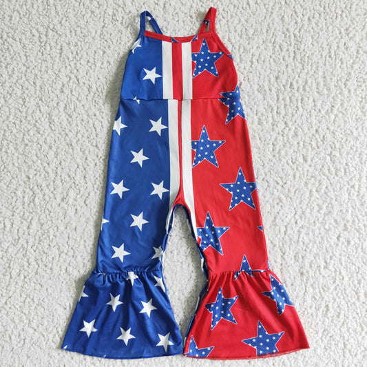 SR0058   Girls' blue and red stitching National Day star suspender jumpsuit