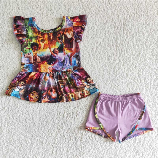 GSSO0016   cartoon character print sleeveless top with purple shorts