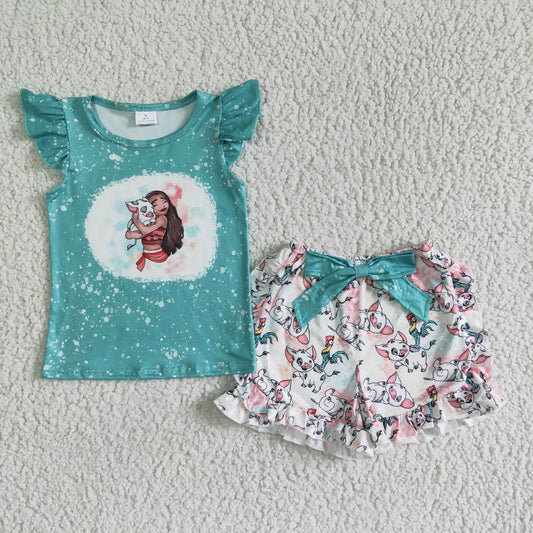 GSSO0070  Little girl print blue short-sleeved top with white shorts suit