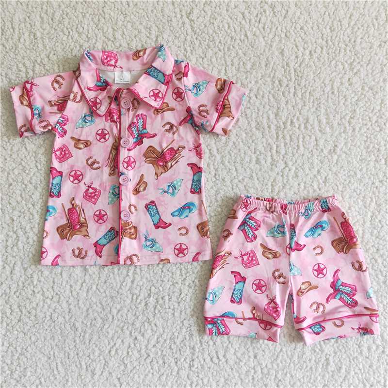 GSSO0021    summer suit Girls Pink Shorts Short Sleeve Print Suit