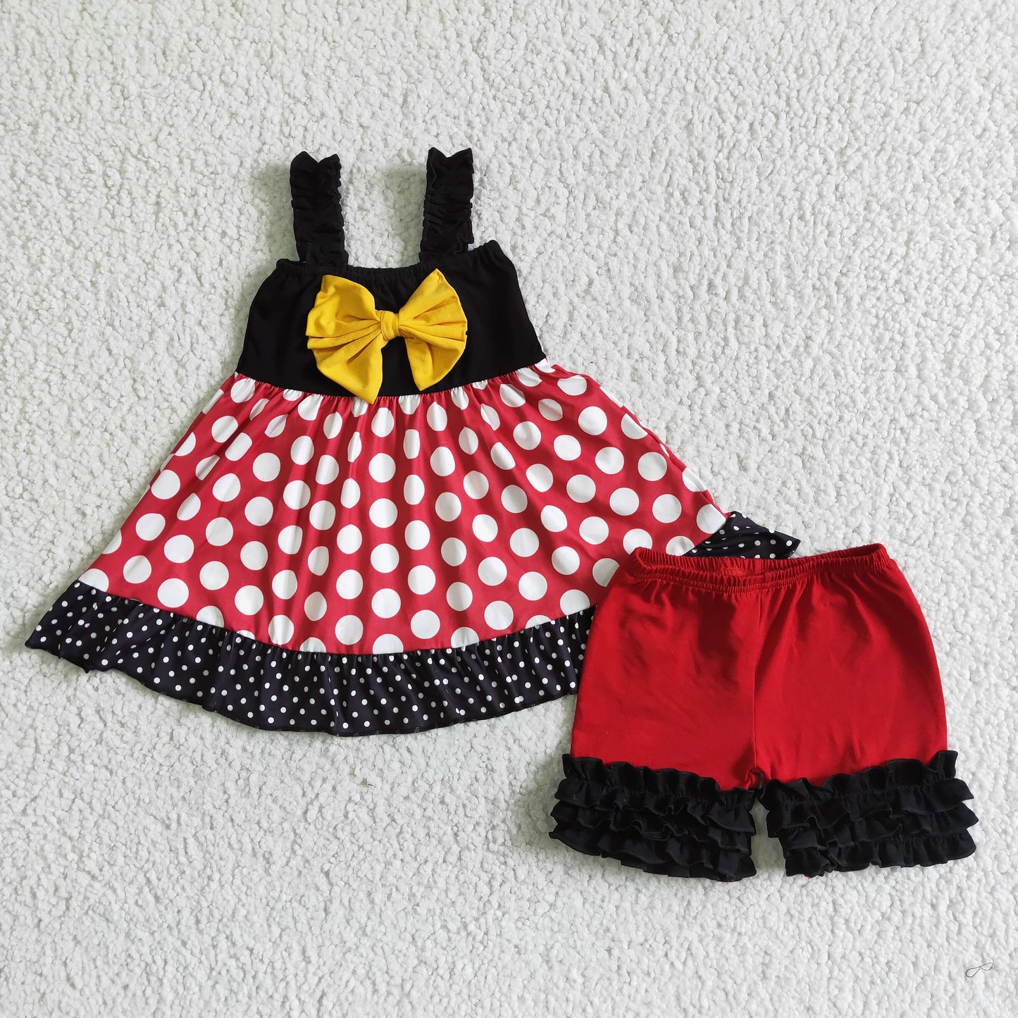 D4-26   Anime movie image print polka dot bow suspender top with red stitching lace shorts