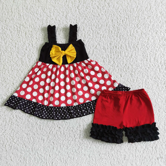 D4-26 Anime movie image print polka dot bow suspender top with red stitching lace shorts