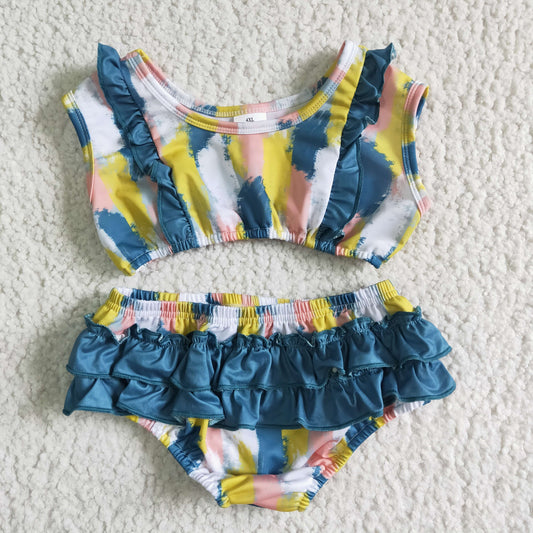 S0026 Yellow white powder blue printed top with briefs swimsuit swim trunks suit